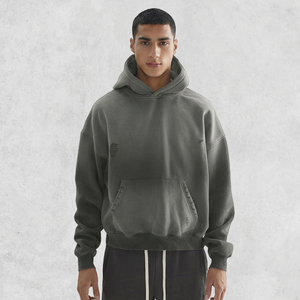 Qualité de luxe 400GSM hommes sweats à capuche singe lavage Streetwear polaire déchiré en détresse goutte épaule sweats à capuche courts - Product Image 1