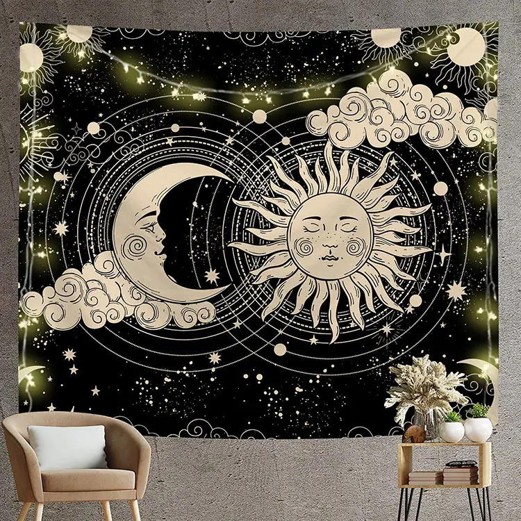 Sun with Star Moon Phase Wall Tapestry Custom Bedroom Living Room Decor Hanging Cloth Tapestry