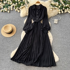 Vestido Casual de Primavera para Mujer, Cuello Camisero, Manga Larga, Color Sólido, Cintura Alta, Corte en A, Vestido Midi Elegante - Product Image 3