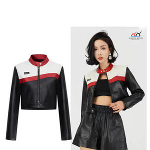 Blouson moto court pour femme, style aviateur sexy en cuir color-block, pour l'exportation transfrontalière, nouveau modèle - Product Image 4