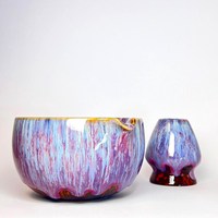 Ensemble de bols à matcha en céramique faits à la main de style japonais-Glaçure bleue violette, bec verseur et support de fouet