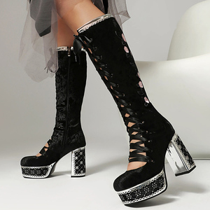 Summer Front Cut Out Knee High <b>Boots</b> Women Lace-up Platform Chunky Heels Long Booties Sexy Round Toe Suede Flower Pattern Shoes - Product Image 2