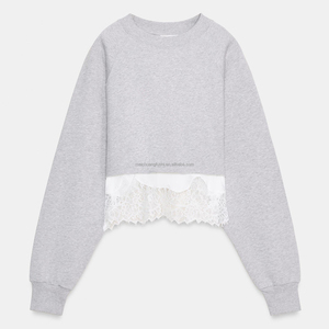 Sudadera Corta Personalizada <span class=keywords><strong>para</strong></span> Mujer con Parches de Encaje, Estilo Francés, Dulce y Casual - Product Image 4