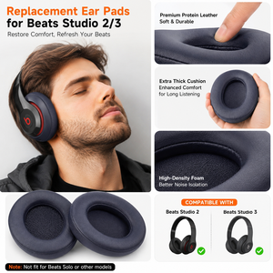 Coussinets de remplacement pour écouteurs <span class=keywords><strong>Beats</strong></span> <span class=keywords><strong>Studio</strong></span> 2/3 filaires/sans fil, en cuir protéiné souple, oreillettes confortables pour <span class=keywords><strong>Studio</strong></span> 2/3 - Product Image 2