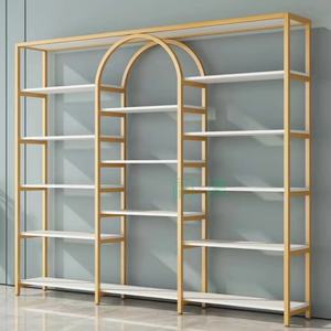 <b>Wall</b> Display Cabinet Design Custom Wood Led Light <b>Shelf</b> Gold Clothing Display Rack for Garment Shop - Product Image 4
