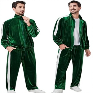 Veste de survêtement en velours vert pour homme avec rayures blanches, fermeture éclair sur toute la longueur, manches longues, col rabattu, couleur unie, tenue décontractée d'automne - Product Image 4