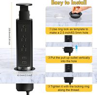 Mutfak Tezgahı için Açılır Kapanır Elektrik Priz Masası Gömme Priz Çoğaltıcısı, 3 AC Priz, 2 USB Girişi, 2.5 inç Delikli Kaldırılabilir Priz