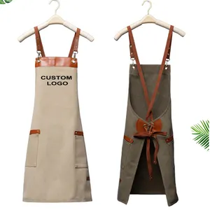 Durable Chef Stylist Bib Apron Waxed Leather Canvas for Woman/Men Kitchen Grill Restaurant Bar Shop Cafes Beauty Nails Studios