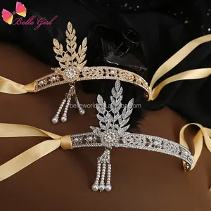 BELLEWORLD grosir penjualan terlaris aksesoris tari tiara untuk pernikahan daun emas mutiara berlian imitasi mahkota ikat kepala dengan pita