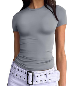 T-shirt estiva a maniche corte tinta unita, T-shirt da donna aderente, comoda, traspirante, in poliestere semplice - Product Image 6