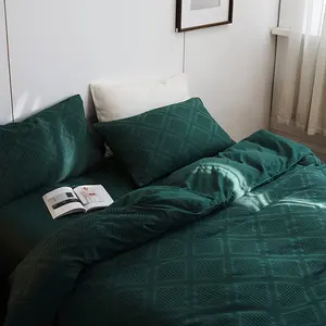 Capa de edredon verde esmeralda 100% algodão, conjunto de roupa de cama em jacquard waffle