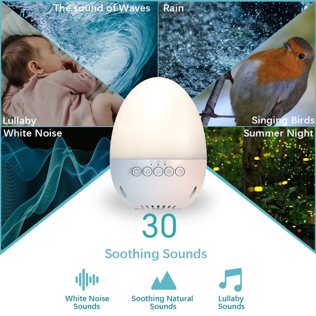 Portable Egg Shaped White Noise Machine Cry Sensor Auto-off Timer for Baby Adults-Sleep Soother Night Light Travel Sound Machine