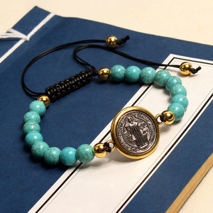 Pulsera Católica de <span class=keywords><strong>San</strong></span> <span class=keywords><strong>Benito</strong></span> con Cuentas de Turquesa, Rosario Tejido Ajustable, Artículo Sagrado de Exorcismo, Joyería de Cuentas de Oración al por Mayor - Product Image 2