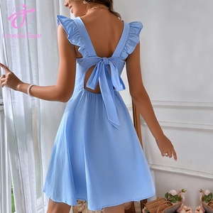 Abito da donna Loveda Spot all'ingrosso, elegante, in cotone, con scollo quadrato, tinta unita, gonna corta a trapezio, vita alta, con fiocco, vestibilità slim - Product Image 2