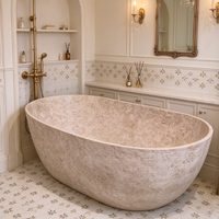Baignoire autoportante HONGDEC de luxe en pierre artificielle à texture travertin, baignoire ovale pour trempage, salle de bain