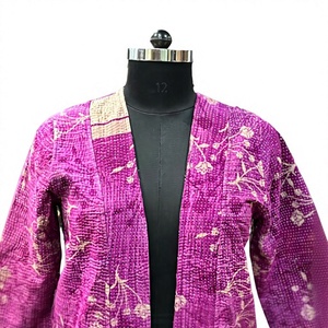 <span class=keywords><strong>Giacca</strong></span> <span class=keywords><strong>Lunga</strong></span> Floreale Magenta con Ricami Kantha, 100% Cotone Traspirante, Stampa Fuchsia Bloom, per Estate Primavera Autunno, Taglia XL - Product Image 1