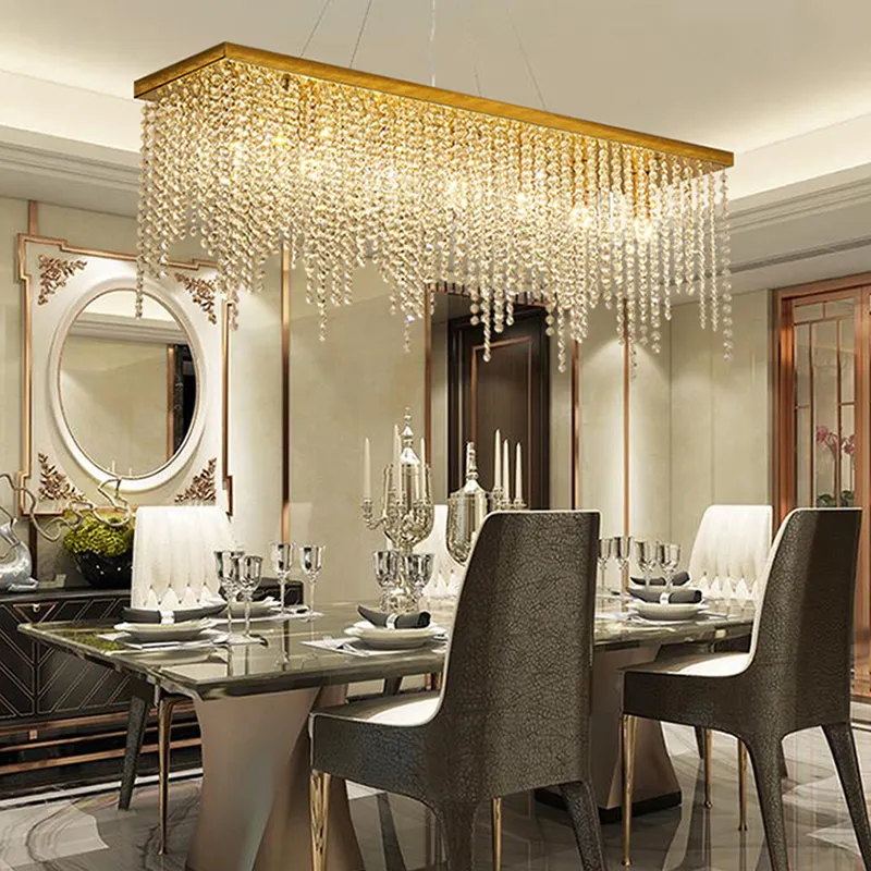 Rectangular Chandeliers Shiny Gold Metal LED Hanging Light Fixture Modern Chandelier Crystal For Dining Kitchen