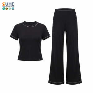 Ensemble de détente 2 pièces SUHE pour femme en soie modale, haut à manches courtes et pantalon large, noir uni, vêtements de nuit décontractés, taille élastique, confortable - Product Image 1