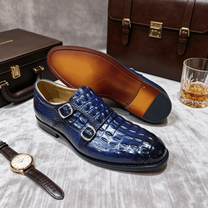 Chaussures habillées pour hommes à double boucle, en cuir véritable motif crocodile, <span class=keywords><strong>bleu</strong></span> <span class=keywords><strong>marine</strong></span>, pour <span class=keywords><strong>mariage</strong></span> et bureau - Product Image 5