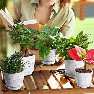 Pot tanaman plastik dengan nampan, Pot tanaman plastik dekorasi rumah taman dalam ruangan 4.5/5/5, 5/6, 5/7, 5 inci