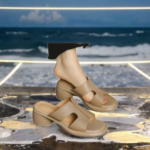 Sandales à talon épais et ouvertes pour femme, en cuir de vachette, semelle en polyuréthane, à enfiler, pour l'extérieur - Product Image 3
