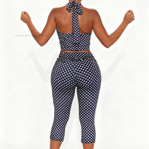 Women's New Polka Dot Slim-Fit <b>Sexy</b> Halter Neck Tie-Front Crop Top & Cropped Pants Casual 2-Piece <b>Set</b> Fashion - Product Image 4