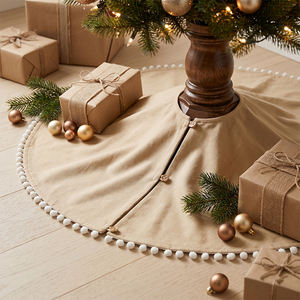 Tan Linen Mini Pom-Pom Button 58in Christmas Tree Collar Minimalist Natural <b>Xmas</b> <b>Outdoor</b> Home Base Cover - Product Image 1