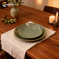 Service de table en grès céramique moderne vert 16 pièces avec glaçure réactive écologique, compatible lave-vaisselle et four, pour usage domestique