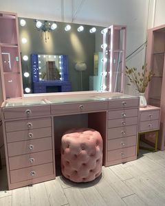 Grande coiffeuse avec miroir et éclairage LED rose, avec armoire de rangement pour la chambre à coucher - Product Image 1