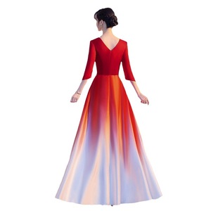 Women Gradient Long Dress Red To Navy Blue Satin Stage Performance Gown For Choir Conductor Host Outfit - Product Image 4