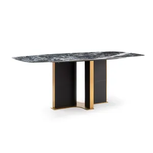 304 aço inoxidável Titanium Gold Dining Table com Pearl White Glossy Rock Board