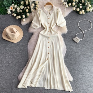 เดรสไหมพรมทรงเอไลน์สำหรับผู้หญิง ดีไซน์จีบระบาย ซักได้ แขนสั้น - Product Image 3