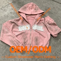 ODM/OEM Sweat à capuche et sweat-shirt zippés courts surdimensionnés style streetwear, effet vieilli vintage, avec patchs lettres personnalisés et strass