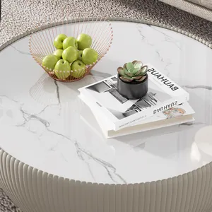 Nouveau design de mobilier de salon table basse ronde moderne en pierre frittée avec socle en acier inoxydable