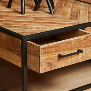 Mesa de centro de madera maciza con 4 cajones de almacenamiento, mesa de centro cuadrada con acabado natural para sala de estar, muebles rústicos y modernos para el hogar - Product Image 2