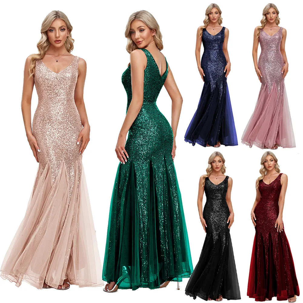 Custom Sleeveless V-neck Women's Dress Long Elegant Mermaid Party Prom Dress Sequins Slim Evening Dress