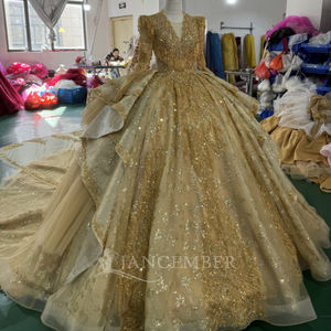 Vestido de Fiesta Largo Estilo Sirena/Trompeta con Apliques de Cuentas y Estampado Floral, Modelo Xs232, Dorado Moderno, para Quinceañera - Product Image 6