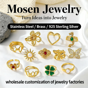 Anneaux en acier inoxydable Mosen Jewelry plaqués or, papillon, cœur, fleur, dragon, soleil, perle, anneau réglable pour femmes, vente en gros - Product Image 1