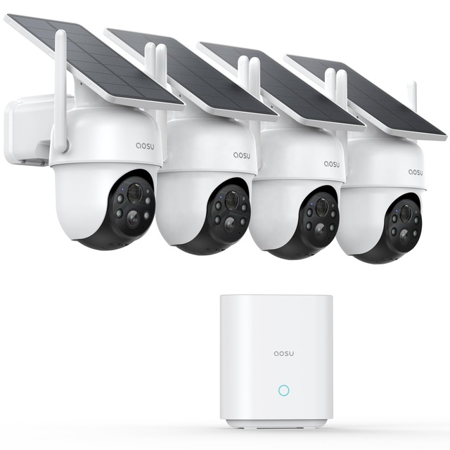 Wholesale Aosu Solar Powered Wireless Security Camera 4 Cam Kit 360 Pan Tilt 2K Color Night Vision Home Security System Bulk
