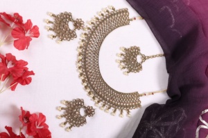 Vintage Gold Color Jewelry Set Rhinestone Pearl <b>Statement</b> <b>Necklace</b> Earrings Headpiece for Wedding Party - Product Image 2