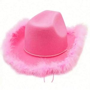 New Pink Leather <b>Western</b> Style Cowgirl Fedora Cowboy <b>Hat</b> for Women Casual Party Feather Edge - Product Image 2