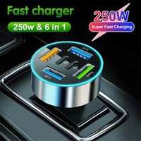 Cargador de Coche de 250W con 5 Puertos, Carga Rápida PD QC3.0, Adaptador de Cargador de Teléfono USB C para Coche con Indicador de Voltaje para iPhone, Samsung, Huawei, Xiaomi