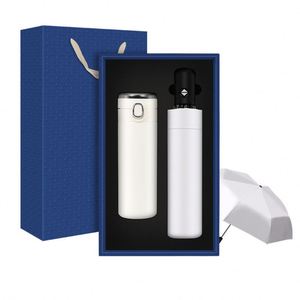 Ensemble cadeau moderne de bouteille d'eau en acier inoxydable et de parapluie compact dans une boîte bleue, couleur blanche, design pratique - Product Image 1
