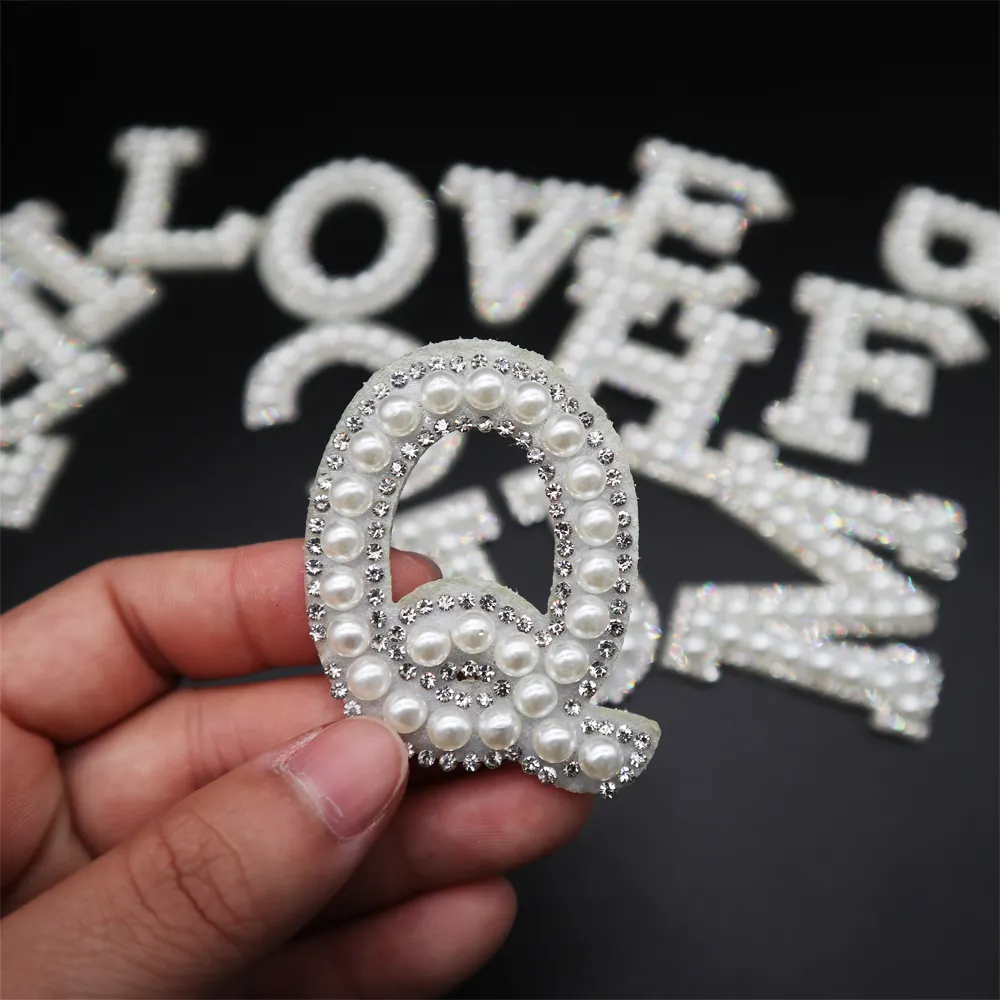 White Stone DIY Crystal Embroidered A-Z Letter Applique Rhinestone Letter Patches Diamond Pearl Patches