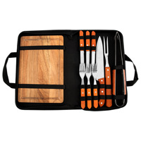 Ensemble de 16 pièces d'outils de barbecue pour le camping en plein air, comprenant un couteau à steak en acier inoxydable avec manche en bois, une fourchette, une planche à découper dans un sac portable