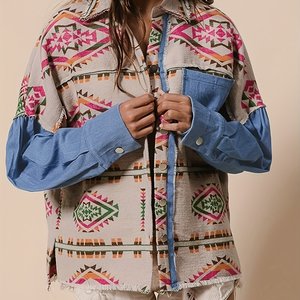 Chaqueta Vintage de Otoño, Elegante, con Parches de Mezclilla, Estampado <span class=keywords><strong>Azteca</strong></span>, Cierre de Botón, Camisa <span class=keywords><strong>Azteca</strong></span> para Mujer - Product Image 1