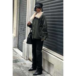 Manteau surdimensionné en jean et velours côtelé imprimé avec col en fourrure de lapin, fermeture éclair et simple boutonnage 6135-08 - Product Image 4