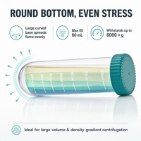 Tube de centrifugation à fond rond de 80 ml avec bouchon à vis, gradué, sans DNase ni RNase, en PP, pour centrifugation à gradient de densité