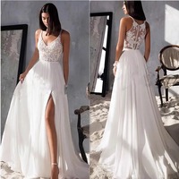 Robes de mariée NDB11154, robes de mariée coupe trapèze, robes sexy en dentelle, sans manches, fente latérale, col en V, taille personnalisable