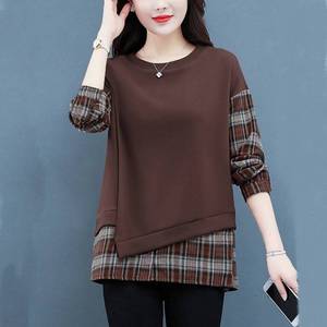 Women's Plaid <b>Patchwork</b> Sweatshirt Set Cotton Lined Loose Casual Autumn Spring Base Layer <b>Top</b> Black Coffee Color - Product Image 3